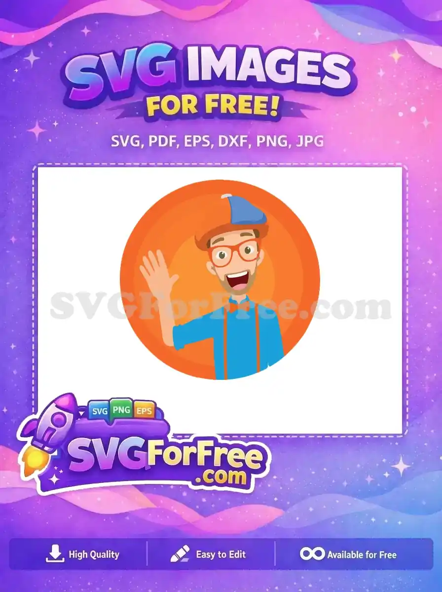 A friendly, free Blippi-like character waving, perfect for free educational content. Download this amazing free design today!