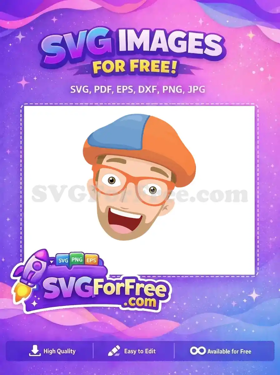 A cheerful, free Blippi-inspired cartoon head with orange glasses and a blue and orange hat. Perfect for kids' free designs.