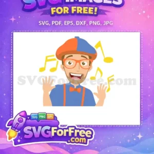Free Blippi-Inspired Design: Musical Fun for Kids Discover this free design featuring a joyful character in an orange and blue outfit, surrounded by musical notes, perfect for kids' entertainment themes. A truly free design for your creative projects.