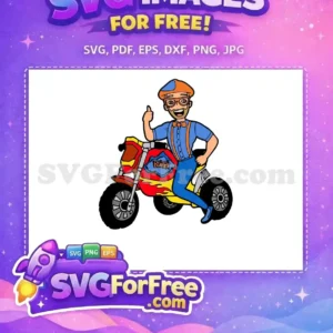 A cheerful Blippi rides a colorful motorcycle, giving a thumbs-up. This free design is perfect for children's projects.