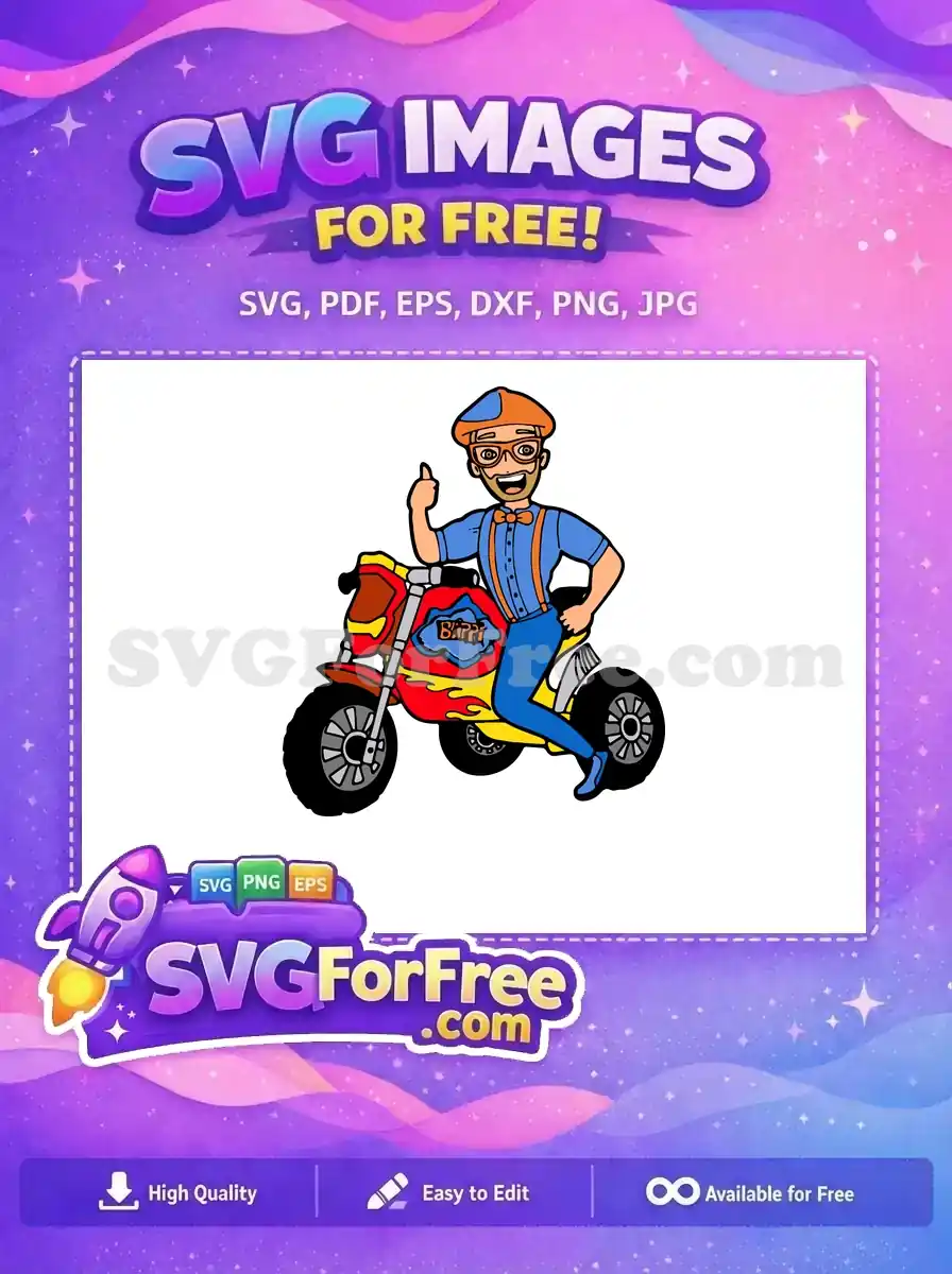 A cheerful Blippi rides a colorful motorcycle, giving a thumbs-up. This free design is perfect for children's projects.