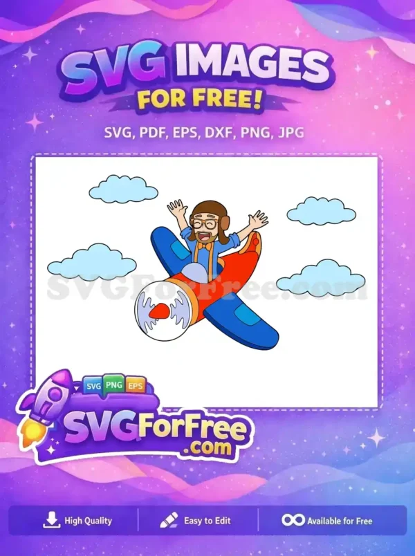 A cheerful cartoon pilot, possibly Blippi, flying a colorful red and blue airplane amidst clouds. This free design is perfect for kids' projects.