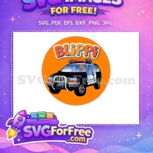 A vibrant Blippi police car free design, featuring a cartoon SUV with flashing lights on an orange background, ready for free download.