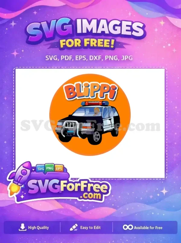 A vibrant Blippi police car free design, featuring a cartoon SUV with flashing lights on an orange background, ready for free download.