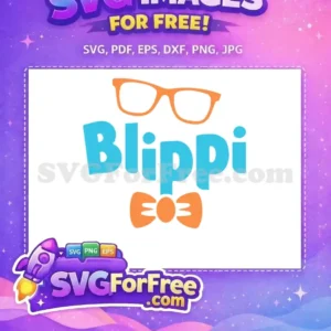 A vibrant Blippi logo with orange glasses, teal text, and a bow tie, offered as a free design for crafts.