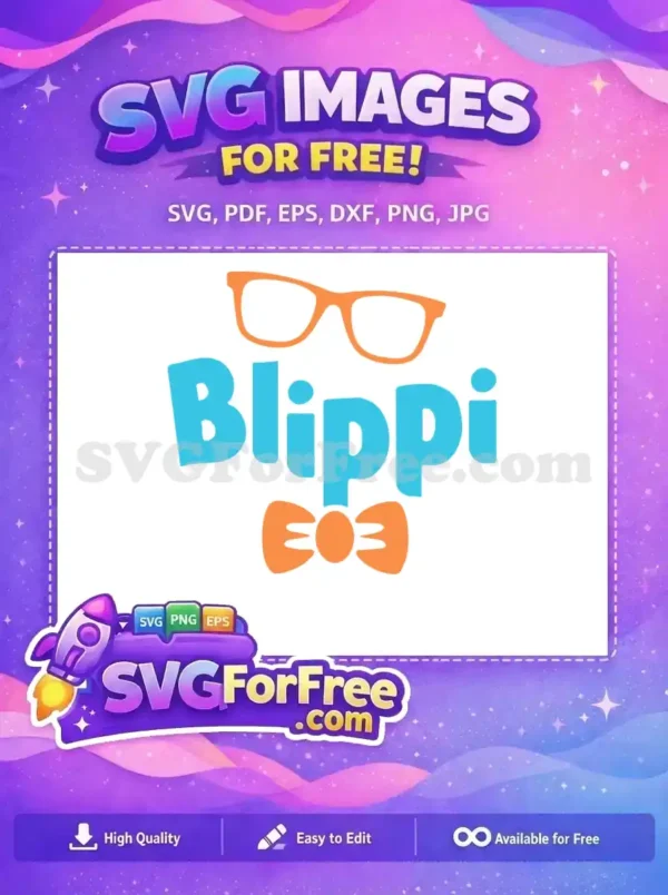 Free Blippi SVG Design – Playful Kids’ Character Art A vibrant Blippi logo with orange glasses, teal text, and a bow tie, offered as a free design for crafts.