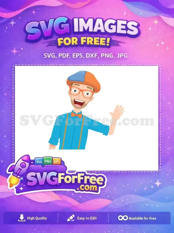 Free Blippi-Inspired Character Waving SVG Design! A vibrant, free cartoon Blippi-inspired character waving, wearing signature blue and orange attire. Ideal free SVG for kids' themes.