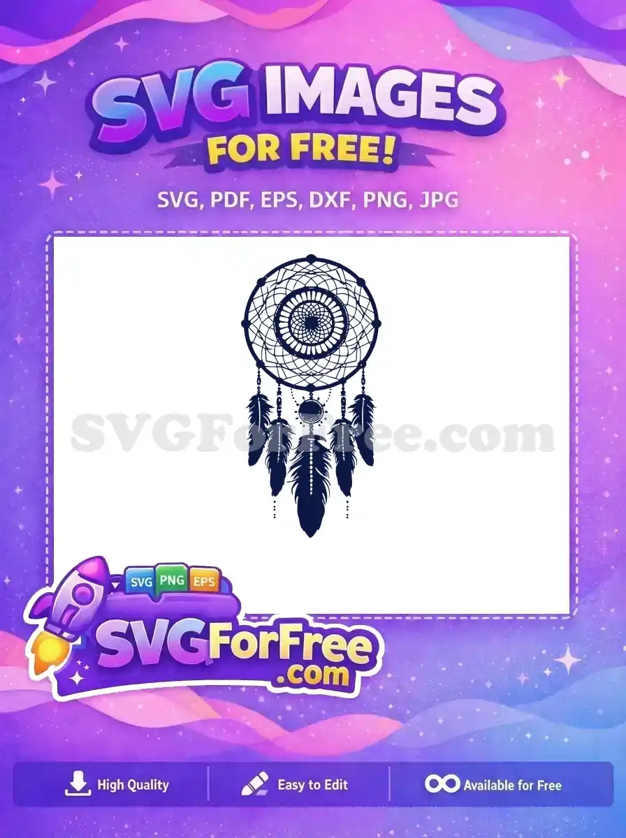 A beautiful free dreamcatcher design, featuring intricate webbing and dangling feathers in a dark blue silhouette. Enhance your projects with this free vector art.