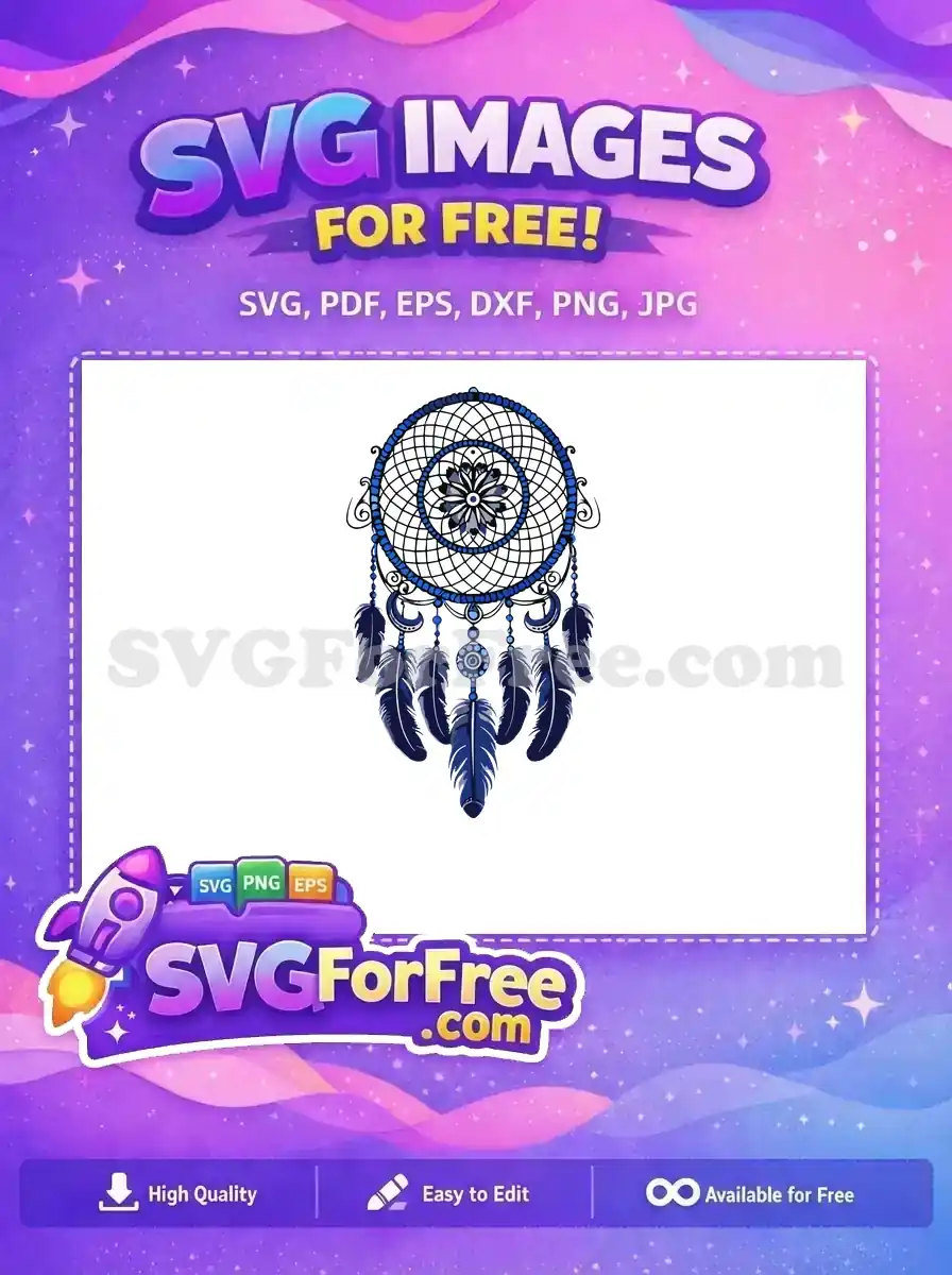A beautiful free blue dreamcatcher SVG with an intricate web, a central mandala pattern, and dangling feathers, perfect for boho projects.