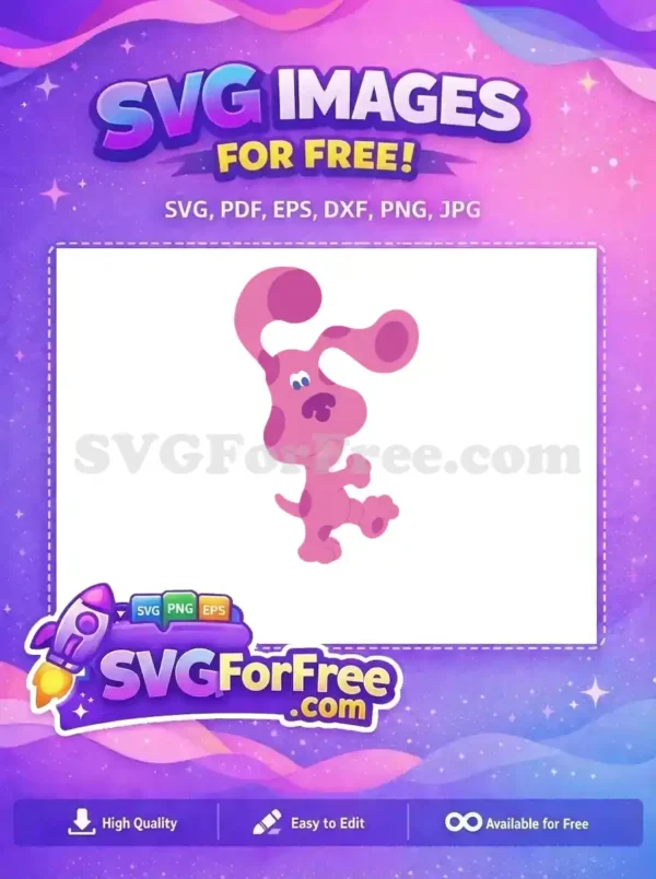 Free cheerful pink cartoon dog SVG, with playful spots and a happy smile, ready for your creative free projects.