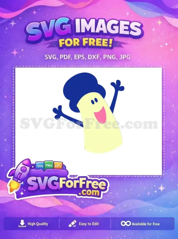 A cheerful, free cartoon character with a yellow body and blue hat, arms raised in a friendly wave. This free SVG design is perfect for kids' projects.