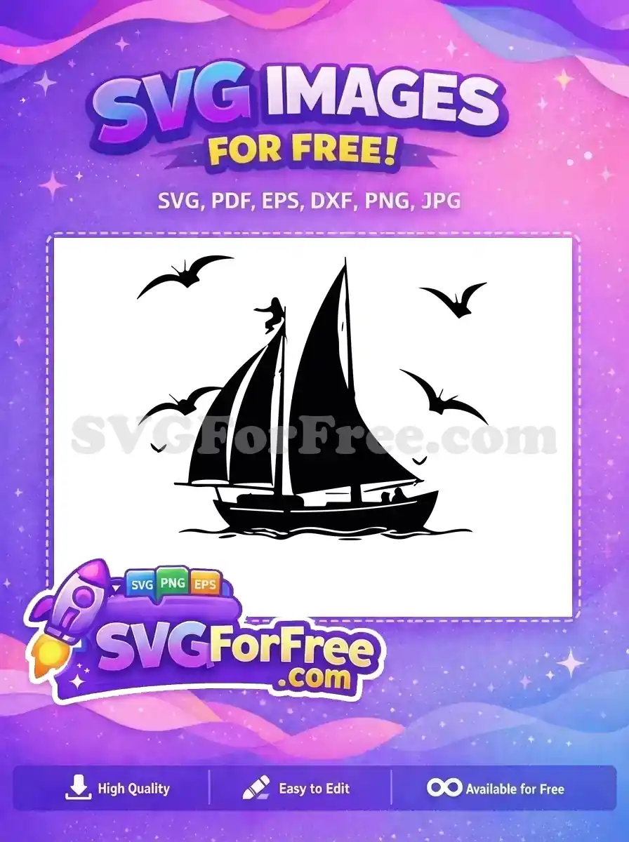 Free SVG of a majestic sailboat with full sails, a person on the mast, and seagulls. Ideal for free marine designs.
