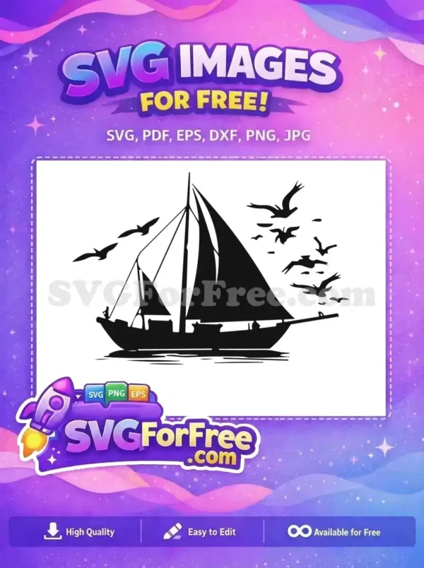 A free, striking silhouette of a sailboat with full sails gliding on water, accompanied by a flock of flying seagulls.