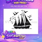 Free Tall Ship Silhouette Free Seagulls and Waves Nautical Free SVG - Instant Download