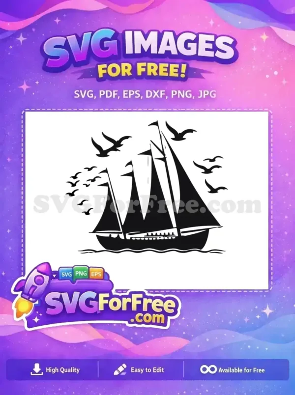 A free design featuring a majestic black silhouette of a sailboat with full sails, surrounded by a flock of flying seagulls over rolling waves. Perfect for free nautical projects.