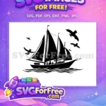 Free Schooner Sailboat Silhouette Free Flying Birds Ocean Waves Free SVG - Instant Download