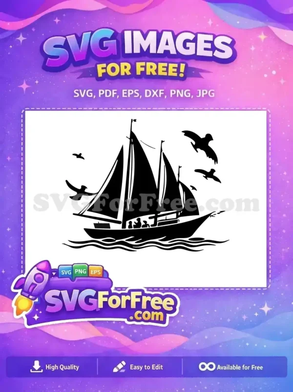 Free sailboat SVG silhouette featuring a majestic ship with full sails and flying seagulls over stylized waves.