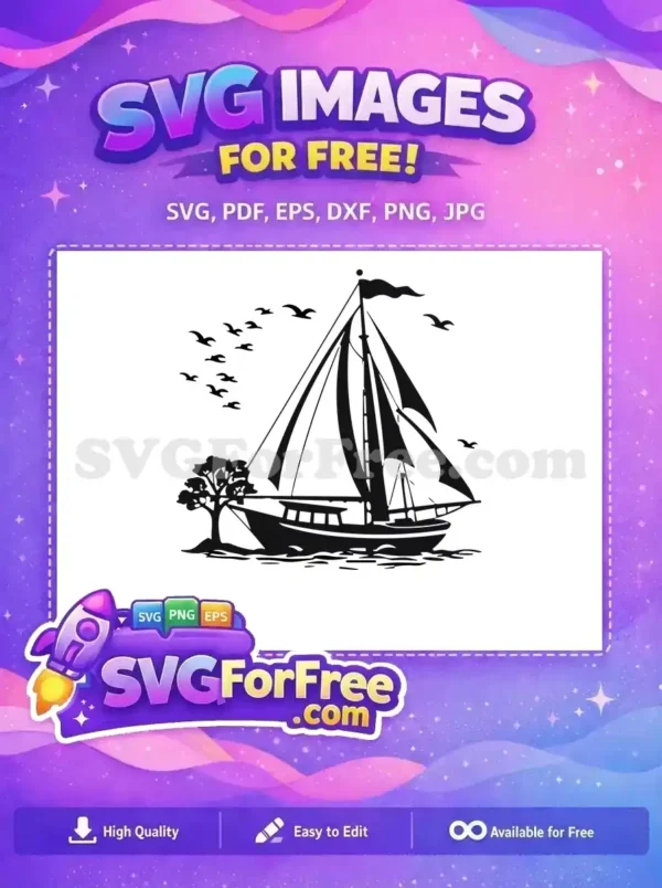 A striking free silhouette of a sailboat with multiple sails, birds flying, and a tree, ideal for diverse projects. Download this free design now!