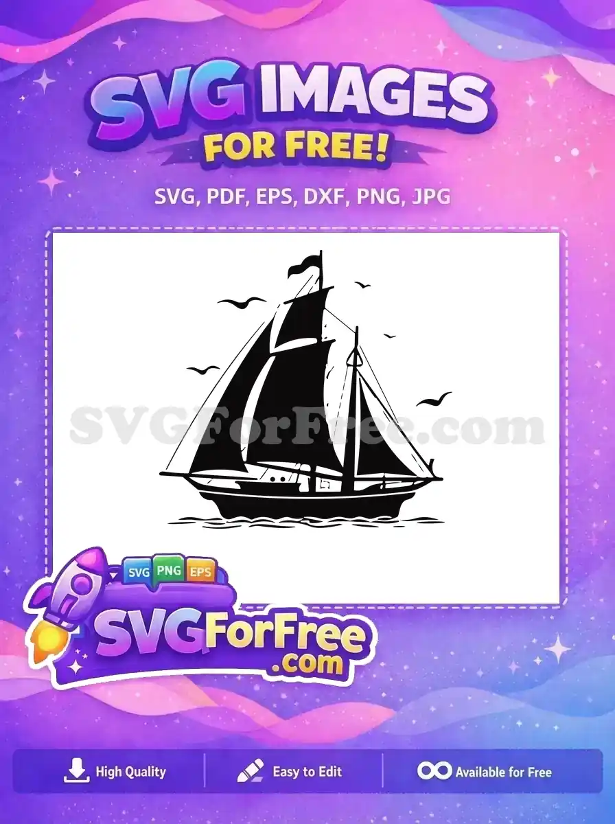 A free minimalist black silhouette of a classic sailboat with full sails on water, accompanied by flying birds. A versatile free vector.