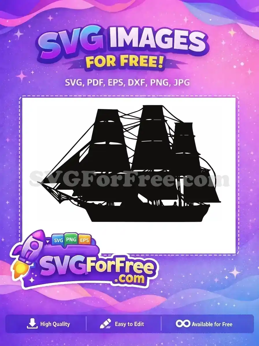 Free majestic tall ship silhouette SVG, ideal for nautical crafts and decor. A stunning free design awaits!