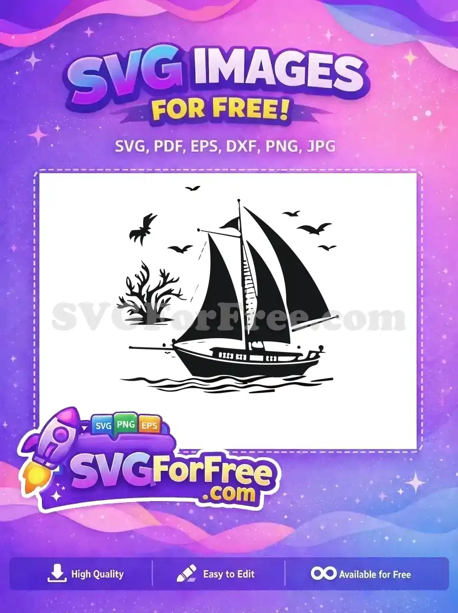 A beautiful free sailboat SVG illustration on wavy waters with flying birds and sea flora. Ideal for free craft projects.