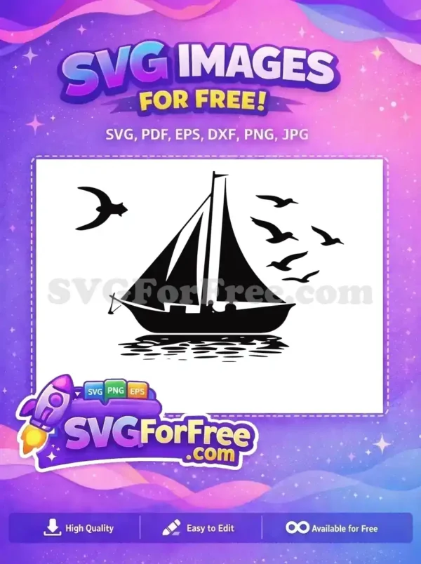 A serene black silhouette of a sailboat on water with birds flying, a free design perfect for nautical themes.