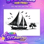 Free Sailboat with Birds Free Black Silhouette Design Nautical Ocean Scene Free SVG - Instant Download