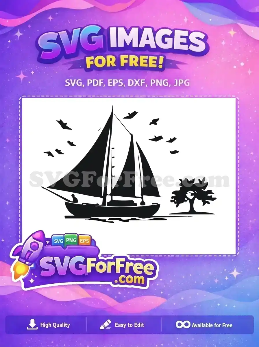 A free vector of a serene sailboat, birds, and a tree, offering a peaceful nautical scene for your free design projects.