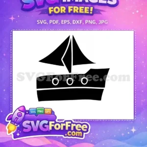 A free black silhouette of a classic sailboat with two sails and three portholes, ideal for free nautical-themed projects and crafts.