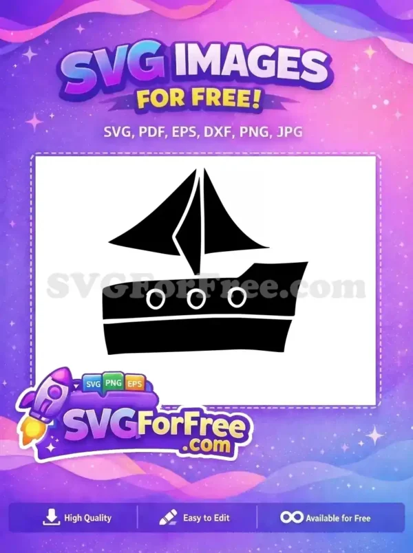 A free black silhouette of a classic sailboat with two sails and three portholes, ideal for free nautical-themed projects and crafts.