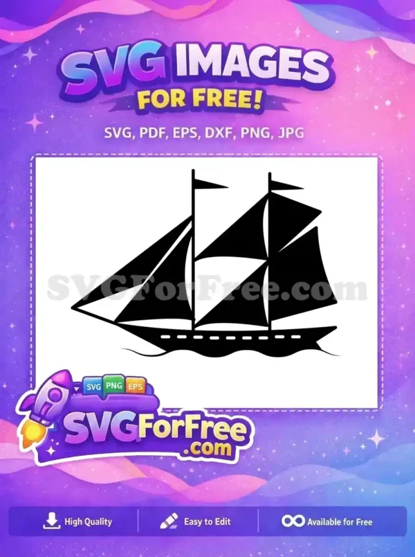 A free, striking black silhouette of a classic sailing ship with multiple sails and two masts, floating on waves. Ideal free vector.