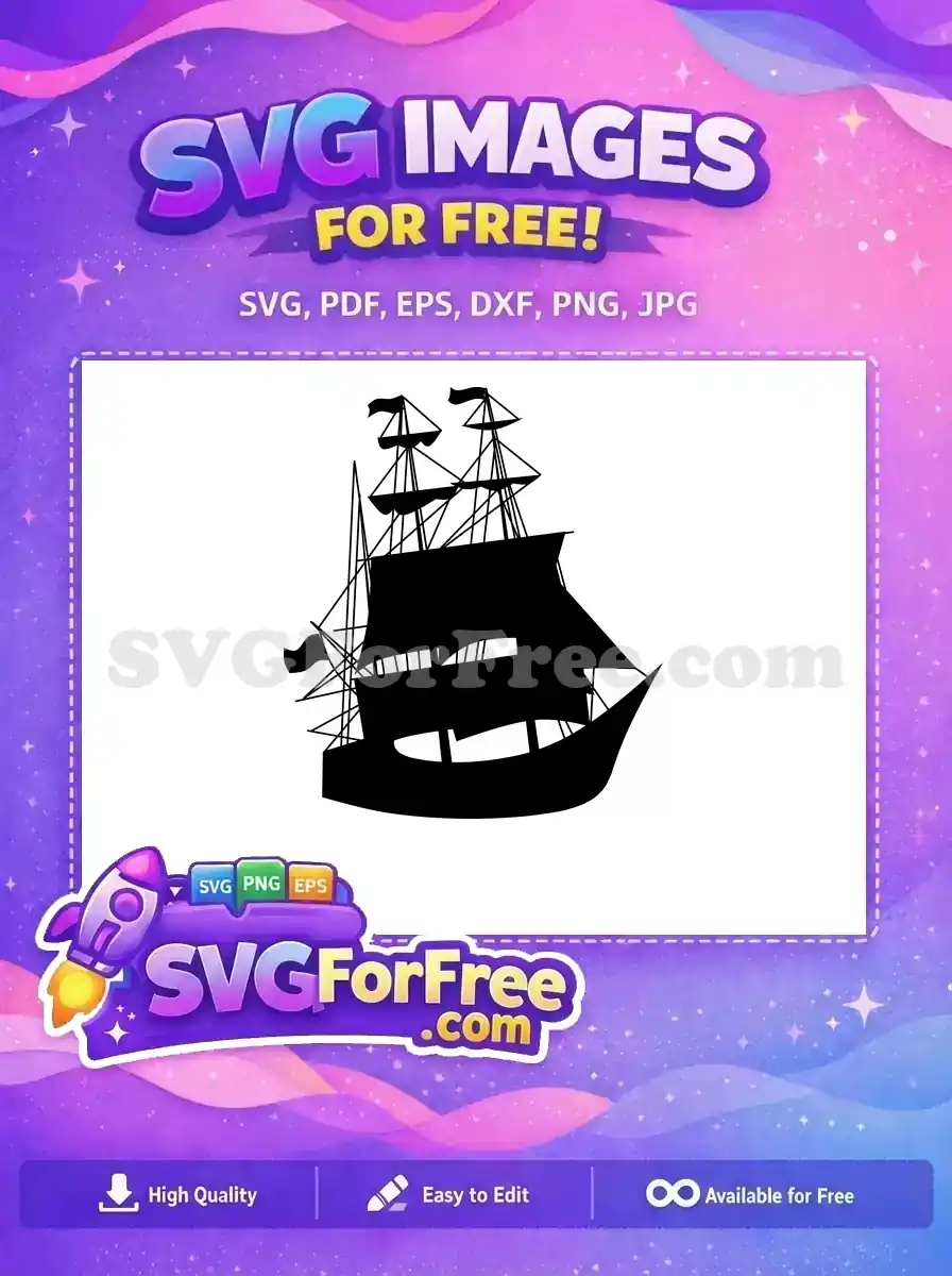 A striking free silhouette of a grand sailing ship, showcasing its masts and sails. Ideal for various free design projects.