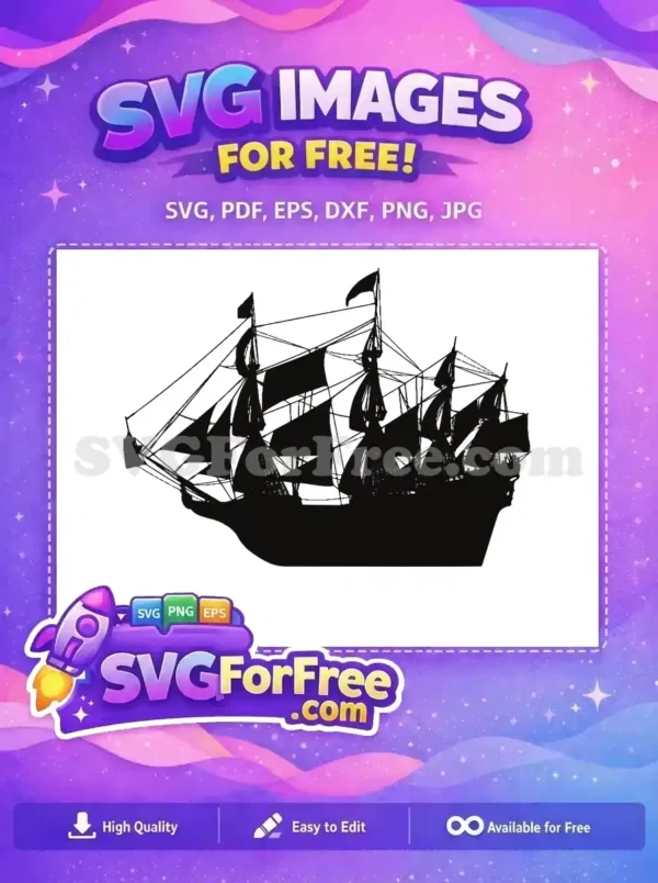 A majestic free tall ship silhouette SVG, featuring intricate masts and sails, ideal for any maritime-themed project. Download this free design now!
