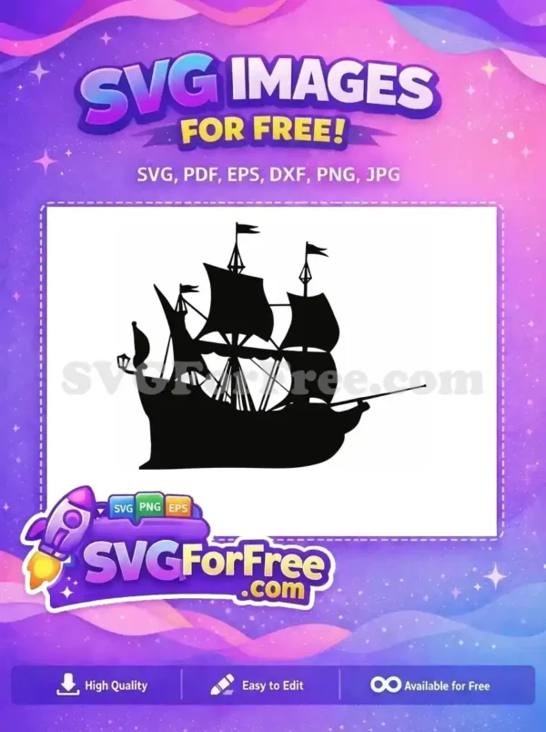 A detailed free SVG silhouette of a classic tall ship, featuring multiple masts, sails, and rigging against a dark background, ideal for various projects.