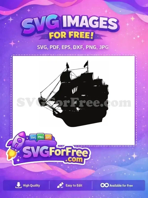 Free Tall Ship Silhouette Design – Majestic Nautical SVG A striking free black silhouette of a grand sailing ship with multiple masts and sails, ready for your creative projects. Download this free design.