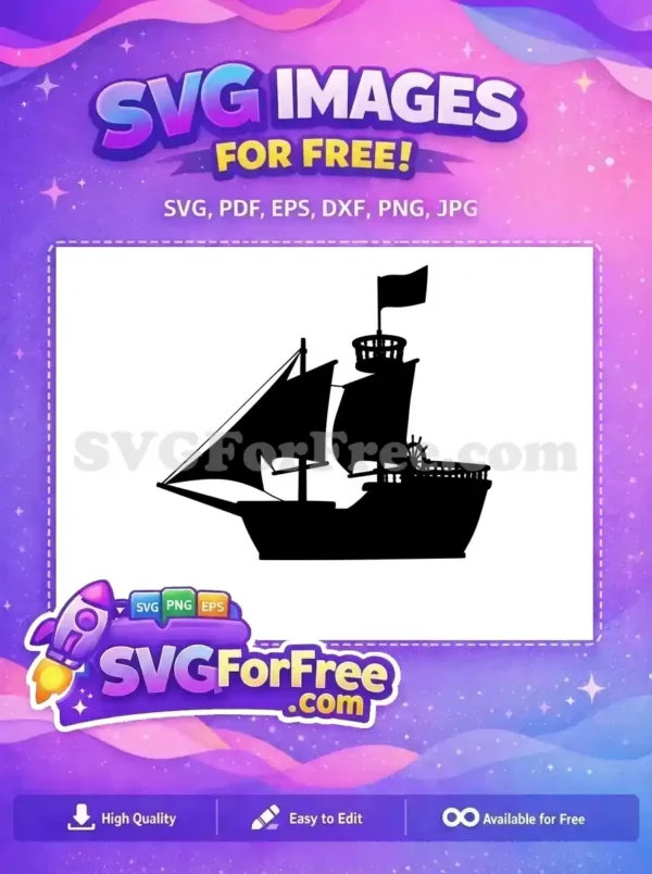 A striking free SVG silhouette of a classic pirate ship, complete with sails and flag, ready for your creative free design projects.
