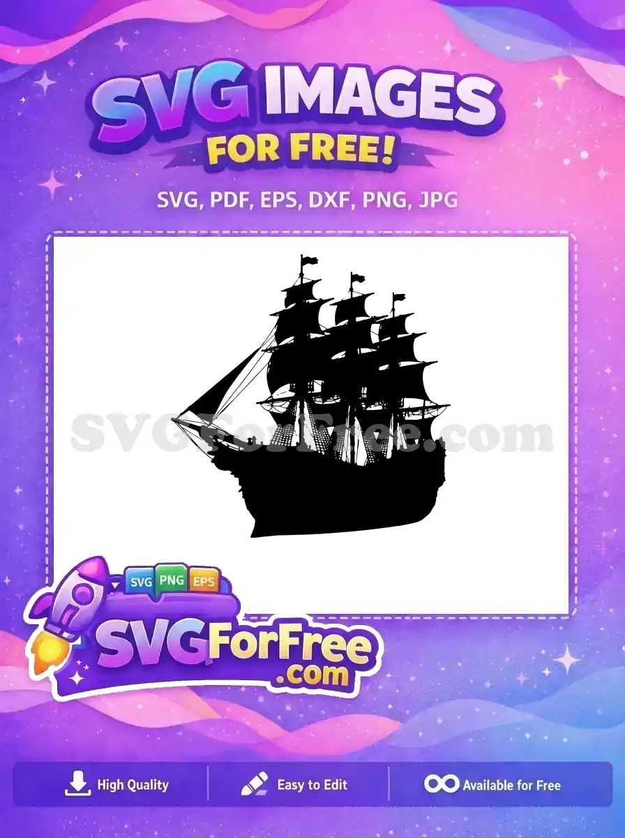 Free detailed SVG silhouette of a grand tall ship, showcasing intricate rigging and full sails, ideal for any creative project.
