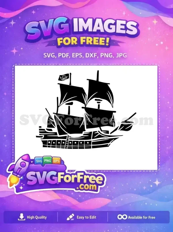 A free bold black silhouette SVG of a classic pirate ship with full sails and a prominent Jolly Roger flag. Ideal for free craft projects.
