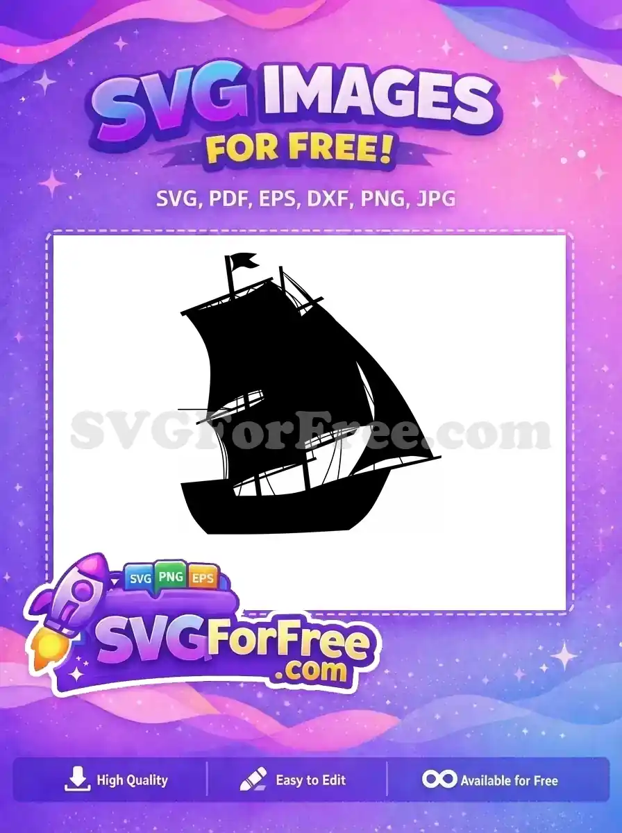 A striking black silhouette of a vintage sailing ship with full sails on waves. This free nautical SVG is perfect.