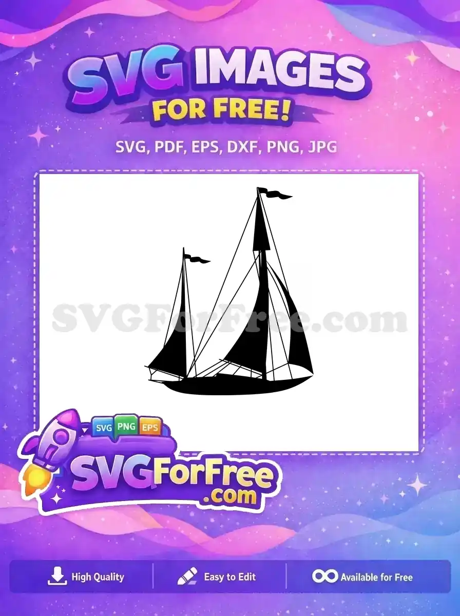 A striking free sailboat silhouette design, showcasing its elegant masts, sails, and flags. Perfect for any free nautical project.