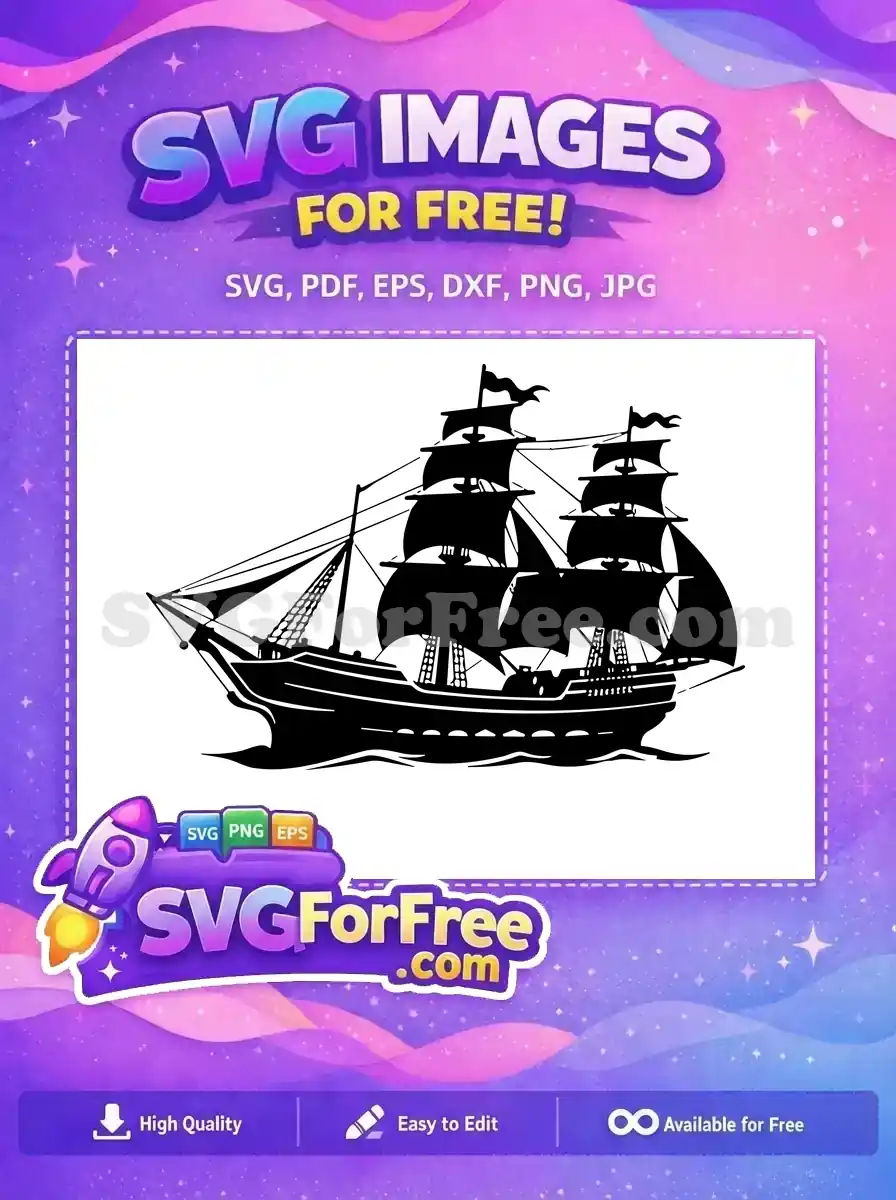 A stunning free silhouette of a grand tall ship with full sails, evoking classic maritime adventures. Download this free SVG.