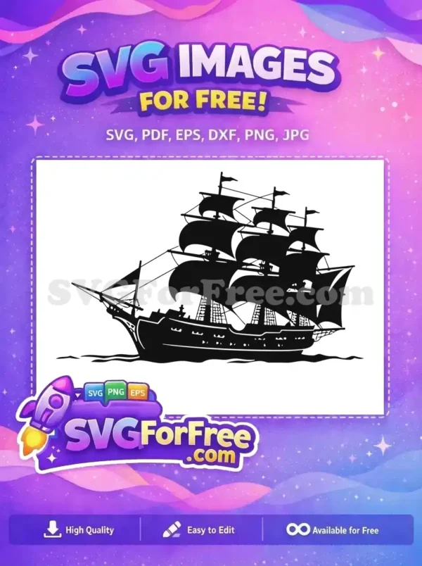 Free Majestic Tall Ship SVG Design – Nautical Crafting A striking free silhouette of a grand tall ship, a galleon or pirate vessel, sailing on gentle waves. Ideal free vector art.