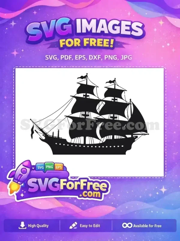 A detailed free black silhouette of a majestic, multi-masted sailing ship, ideal for free nautical-themed projects.
