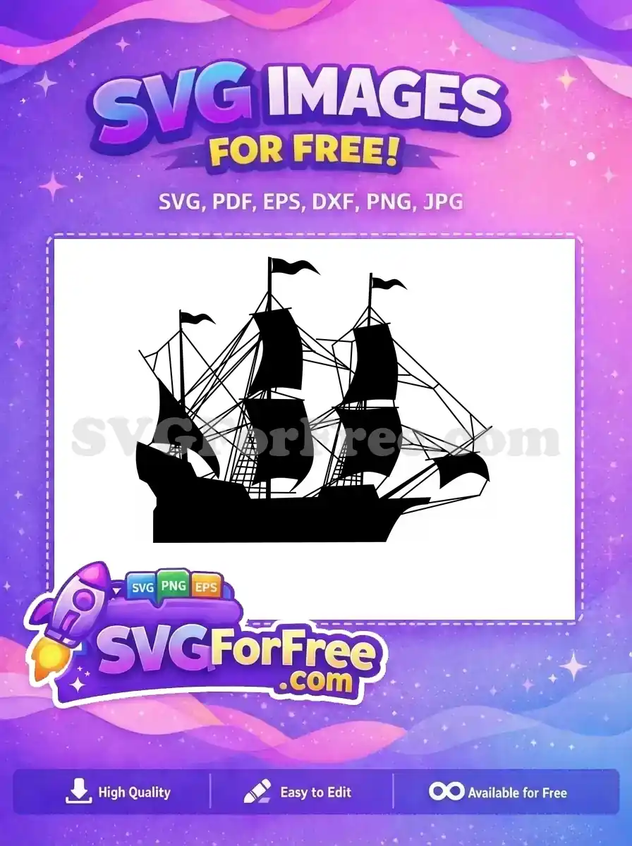 A striking free design of a majestic black silhouette sailing ship with multiple masts and sails, perfect for any free project.