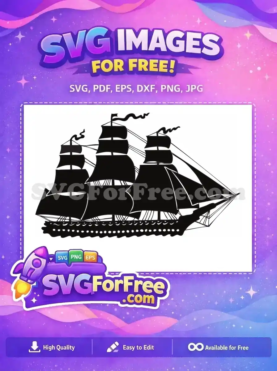 A detailed black silhouette of a magnificent multi-masted sailing ship, offered as a free design for all your creative ventures. Get this free vector now!