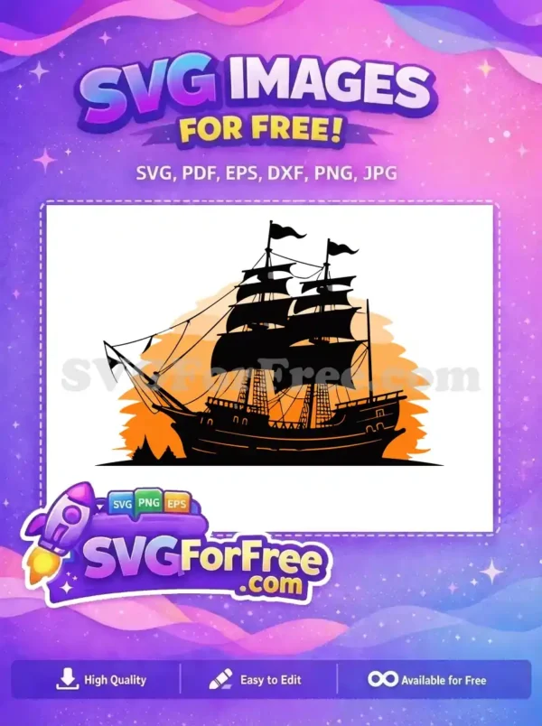 Download this free pirate ship SVG, a dramatic silhouette against a warm sunset, ideal for unique crafting projects.
