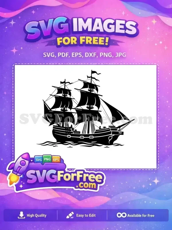 Free Tall Ship Silhouette Design – Majestic Voyage SVG A striking free design of a classic black silhouette tall ship with full sails, navigating calm waters. Ideal for free nautical themes and craft projects.