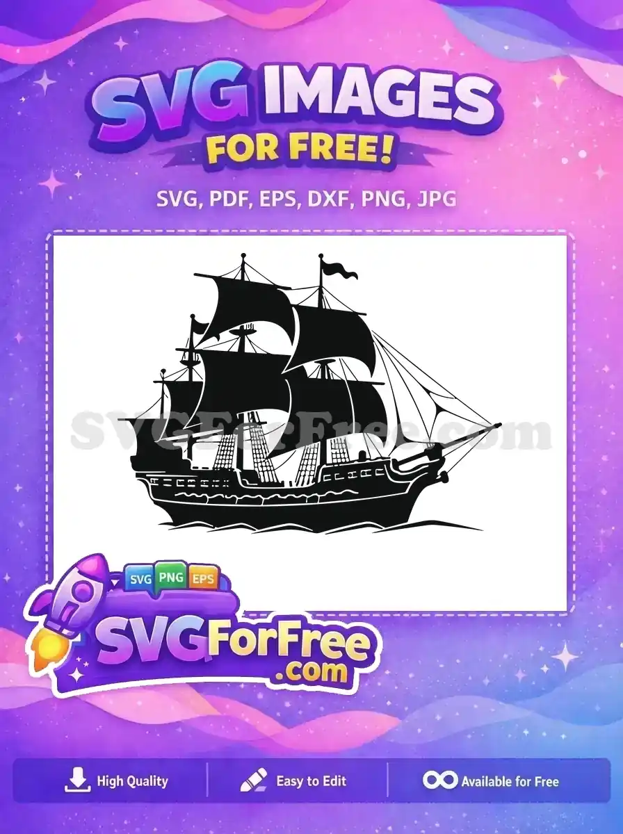 A majestic free tall ship silhouette sailing on waves, ideal for nautical crafts and digital printing. Grab this free design now!