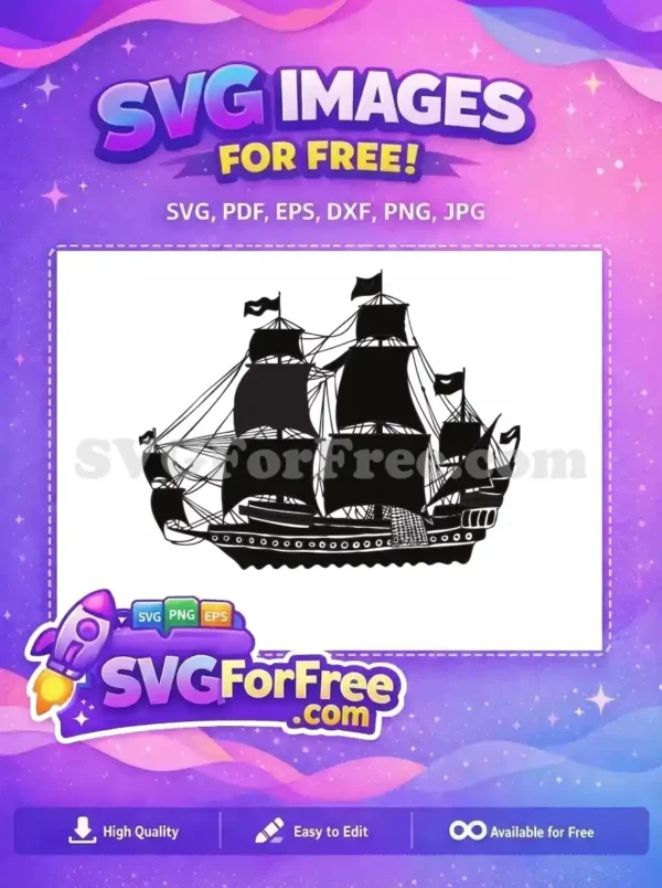 Majestic Free Galleon Ship SVG – A Timeless Free Design! A detailed free SVG outline of a majestic vintage galleon ship with full sails and intricate rigging, ready for your creative projects. Download this free design today!