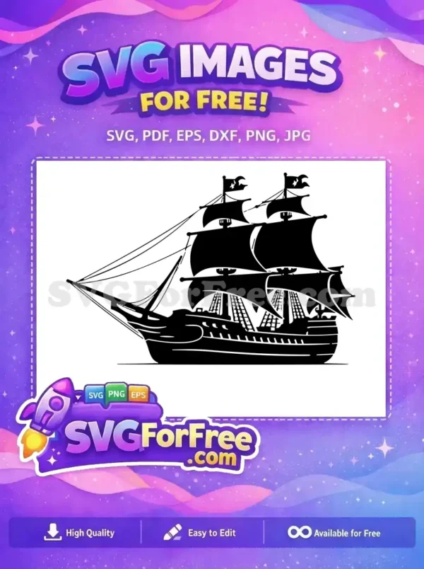 A striking free design of a classic pirate ship silhouette, sails full and flags flying. Ideal for your free creative projects.